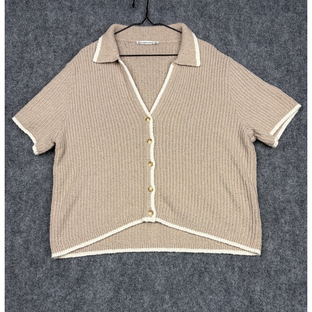 Abercrombie & Fitch Tan Ribbed Short Sleeve Button Front Cardigan Sweater XL